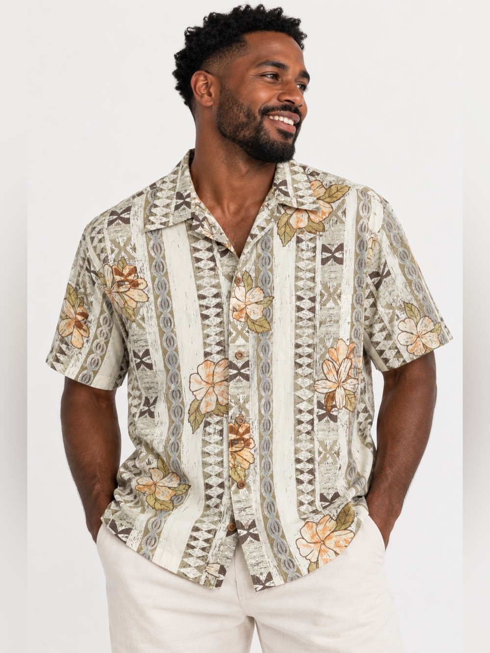 Tori Richard Shirt Aloha Hawaiian‎ Neutral Hibiscus Tropical Button-Up Cotton M